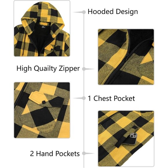 Men'sYellow Black Flannel Plaid Jacket Warm Sherpa Lined Fleece Hoodies - Picture 2 of 5